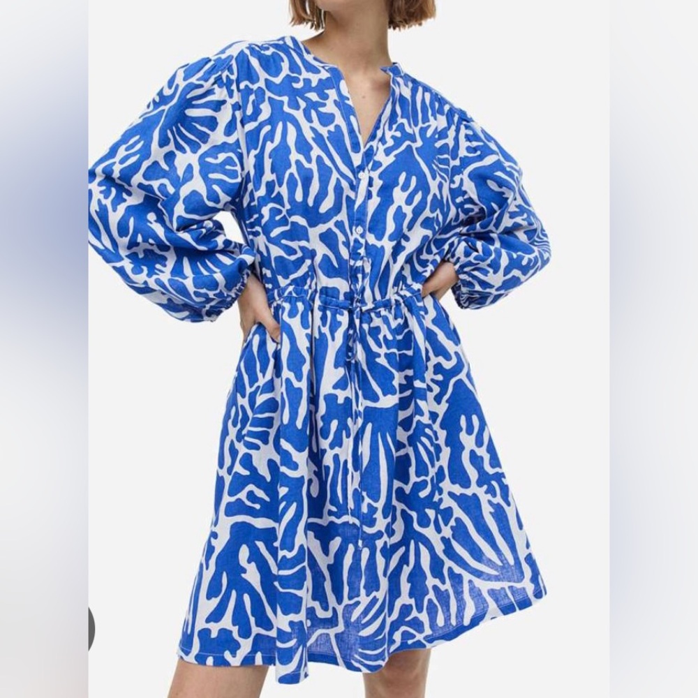 Linen blend coastal drawstring waist mini dress exaggerated sleeve blue white XL